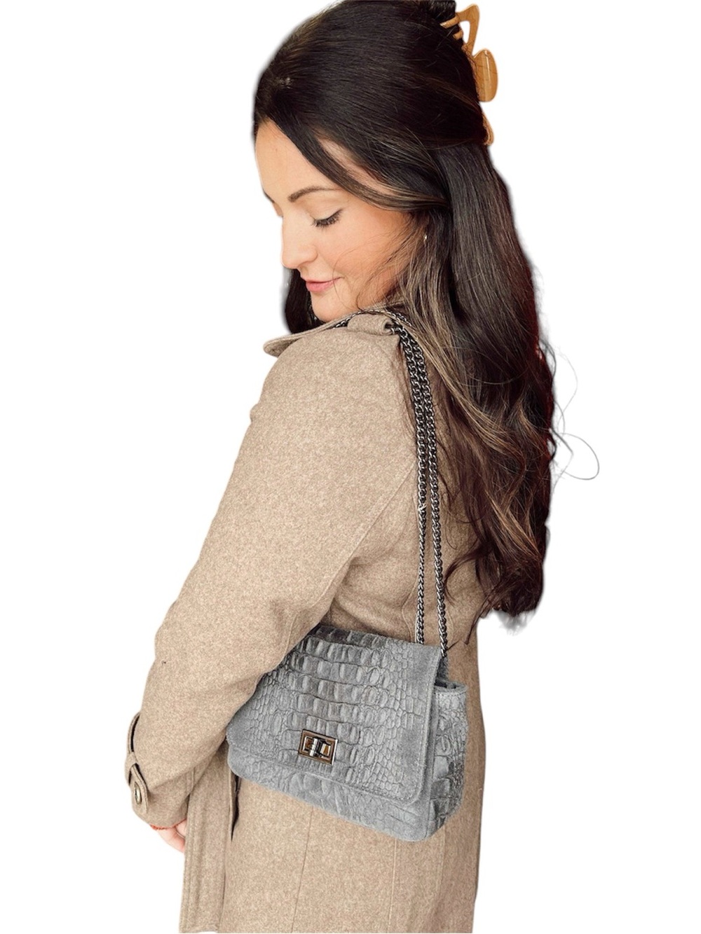 Gray Croc-Embossed Genuine Italian Leather Silver Double Chain Strap Small Bag